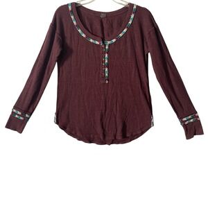 Y2K We The Free Thermal Henley Top Long Sleeve‎ Multicolor Trim Maroon